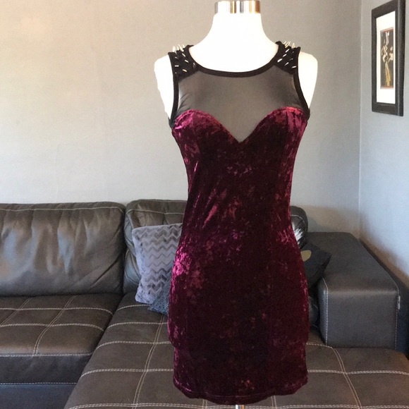 NWT wine blk mesh velvety minidress *SPIKES* S LF - Picture 2 of 8